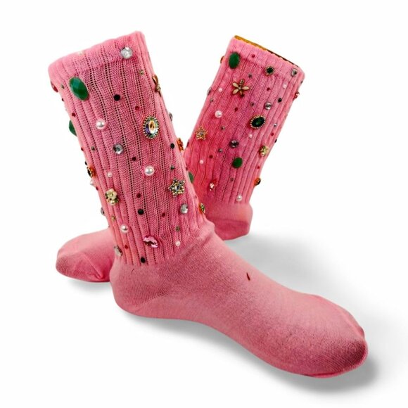 Effortless Shine Light Pink Rhinestone Charm Slouch Socks "Skater" YS1504 - Picture 3 of 4